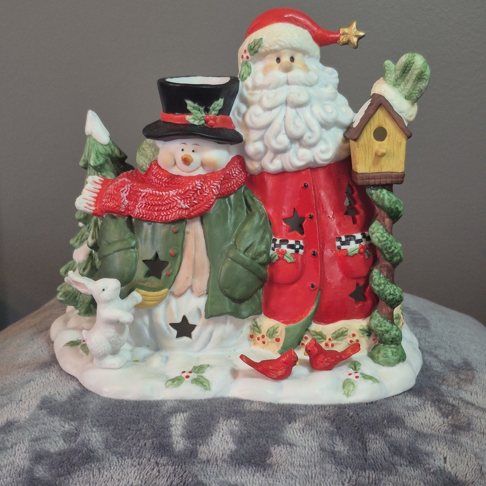 Charming Santa & Snowman Birdhouse Votive Candle Holder - 7" Tall